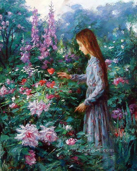 Oil painting female portrait young girls picking flower in spring Hand painted 